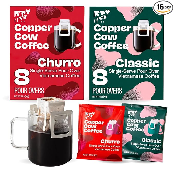Copper Cow Premium Pour Over Single-Serve Vietnamese Coffee | Classic Black, Churro | Dark Roast | Includes 16 Coffees