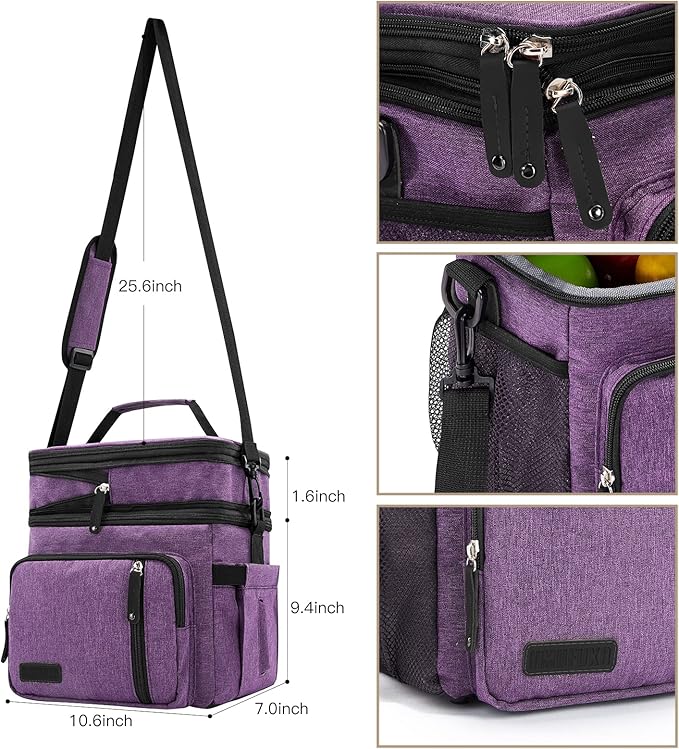 Men's and Women Double Compartment Lunch Bag, Insulated Lunch Cooler Tote 2 Roomy Large Reusable Water-resistant Lunch Box (Purple, 15L)''