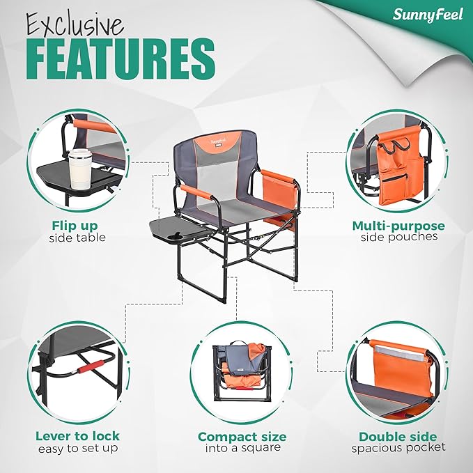 SUNNYFEEL Camping Directors Chair, Heavy Duty,Oversized Portable Folding Chair with Side Table, Pocket for Beach, Fishing,Trip,Picnic,Lawn,Concert Outdoor Foldable Camp Chairs