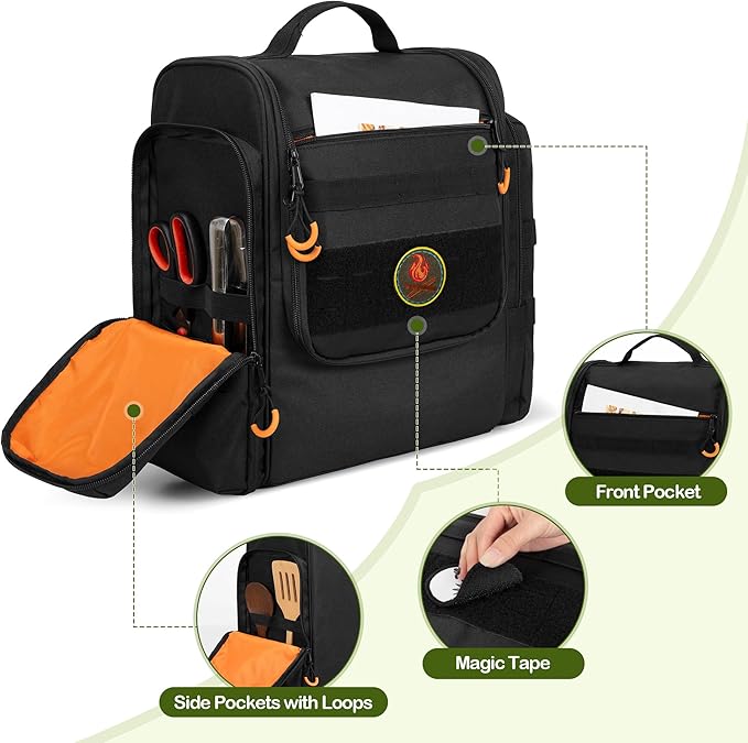 Large Tactical Camping Kitchen Organizer, Hanging Cookware Storage Bag with Paper Towel Holder & Multi Pockets, Portable Camp Utensil Organizer for BBQ Cooking Essentials, Black, Bag Only