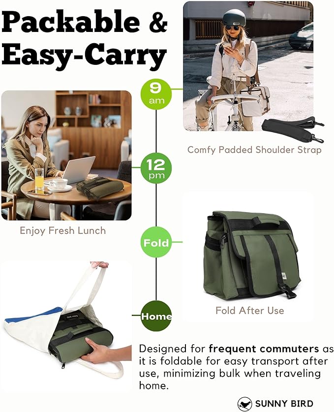 SUNNY BIRD 15L Insulated Lunch Bag with Foldable and Leakproof Design, Thermally Insulated, Shoulder Strap for Women, Men (Khaki Green)