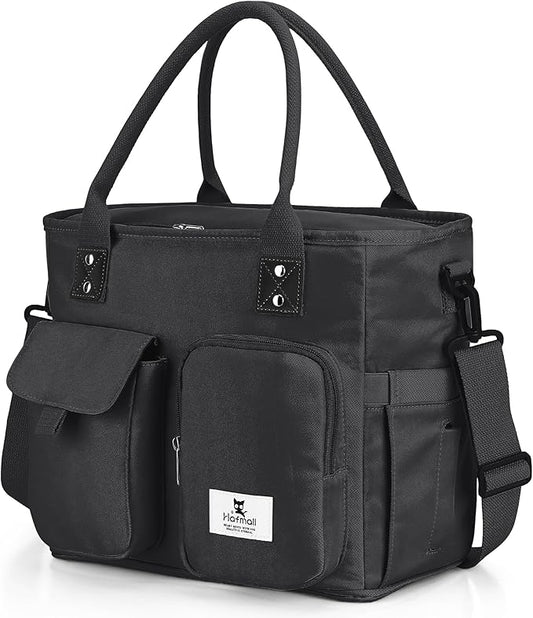 Hafmall Large Insulated Lunch Bag for Women Men, Leakproof Lunch Box for Adults, Wide Opening Lunch Tote Bag with Shoulder Strap, Reusable Lunch Cooler Bag for Work, Picnic, Black