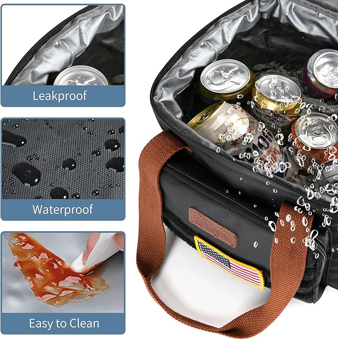 Tactical Lunch Box for Men- Large Insulated Lunch Bag-Expandable Adult Lunch Box with Adjustable Shoulder Strap-Large Lunch Tote Bag for Work Camping Fishing (Black-Leather)