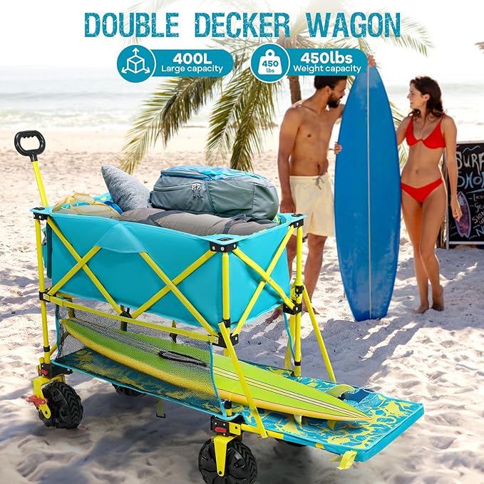400L Collapsible Double Decker Beach Wagon with Brakes, Folding Beach Cart with 54" Extra Long Decker, 450LBS Heavy Duty Wagon Chart with All-Terrain Big Wheels for Sand Camping Garden