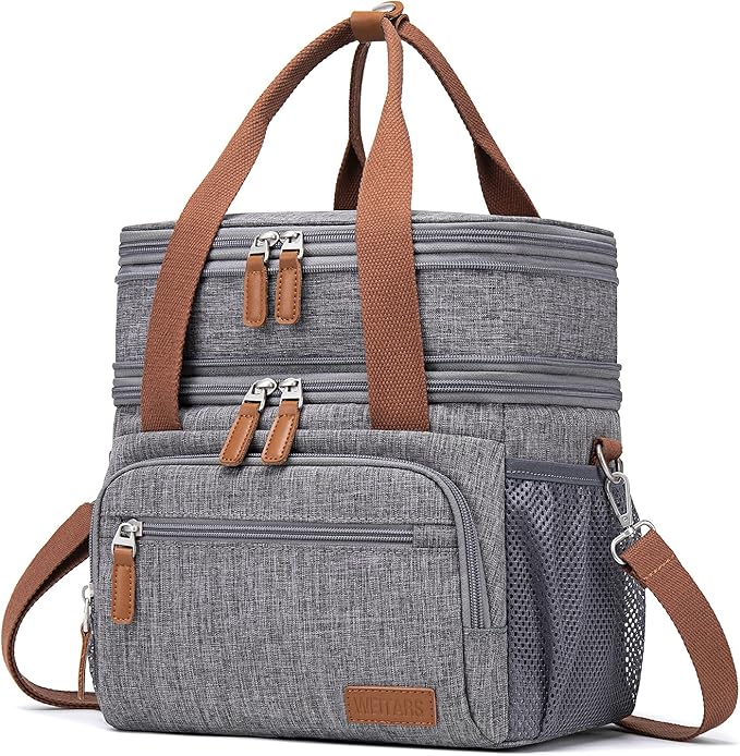 Weitars Lunch Bag for Women Men, Loncheras Para Mujer Dual Compartment Waterproof Reusable Large Lunch Box Wide-Open Cooler Tote Bag For Working Picnic Hiking (15L) (Gray(kahki))