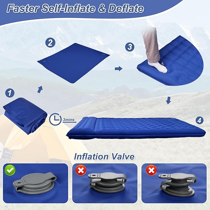 KASIMO Double Sleeping Pad for Camping,5" Ultra-Thick 1.4x2M for 2 Person with Pillow Built-in Foot Pump Inflatable Sleeping Mat for Backpacking, Hiking, Traveling, Tent, Portable Camping Mat