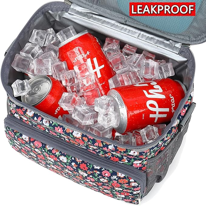 Insulated Reusable Lunch Bag Adult Large Lunch Box for Women and Men with Adjustable Shoulder Strap,Front Zipper Pocket and Dual Large Mesh Side Pockets,Floral