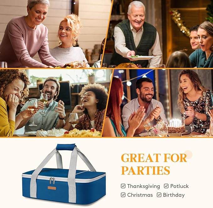 Insulated Casserole Carrier for Hot or Cold Food, Lasagna Lugger Tote for Potluck Parties/Picnic/Cookouts, Fits 9"×13" Baking Dish, Pure Blue