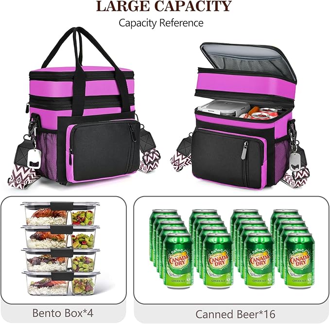 LOKASS Lunch Box for Women/Men-16L-Insulated Lunch Bag, Expandable Double-layer Leakproof Cooler Bag with Upgrade Adjustable Shoulder Strap Ideal for Work/Travel/Picnics（Hot Pink）