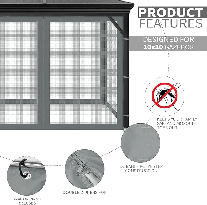 Gazebo Universal Replacement Mosquito Netting, 10' x 10' Outdoor Mesh Netting Screen 4-Panel Sidewall with Zipper for Patio, Canopy, Garden and Backyard, Gray(Mosquito Net Only)