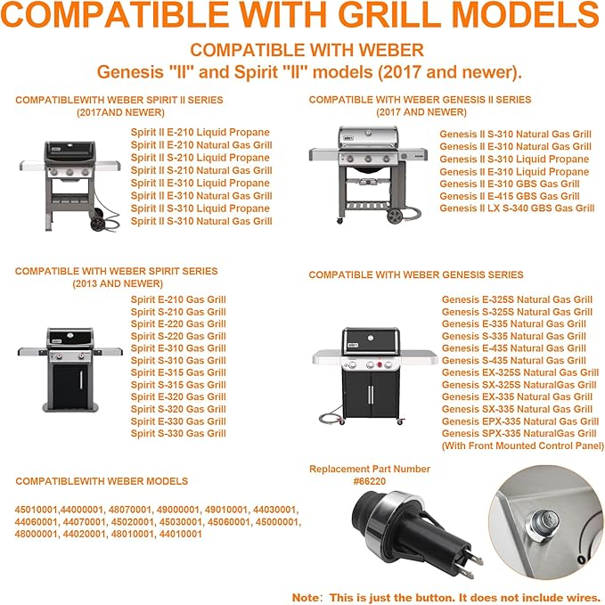 SafBbcue 66220 Igniter Push Button Switch for Genesis II Spirit II S-310 E-310 S-210 E-210 GS4 Gas Grill Replacement Parts for Weber Igniter Switch 66220 Igniter Button Switch GS4 Igniter for Weber