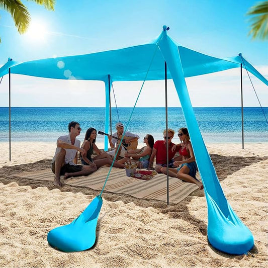 Beach Tent Sun Shelter 10x10FT Beach Shade Canopy with 8 Sandbags, UPF 50+ Protection Beach Shade Canopy, Outdoor Tent for Beach Camping Trips, Fishing, Backyard