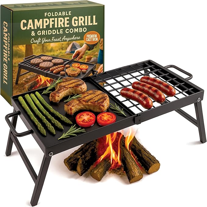 Carbon Steel Foldable Campfire Grill – Portable Grill Grate & Griddle with Large Non-Stick Surface, Sturdy Fold-Out Legs, Compact for Storage, Use Over Fire Pit
