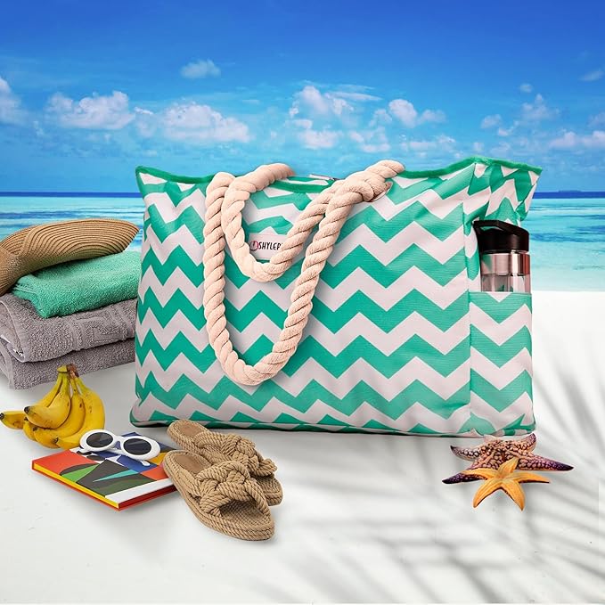 SHYLERO Beach Bag and Pool Bag. Has Airtight Pouch, Ton of Pockets. Beach Tote is Zippered, Water Resistant. Family Size