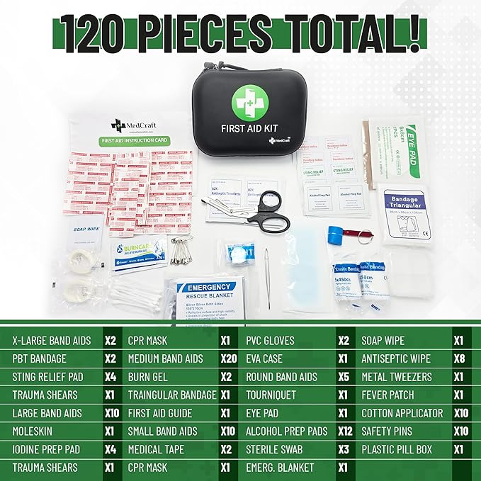 Travel Size 120 Piece First Aid Kit for Camping, Hiking, Boating, or Car- Perfect for Dorm Room Essentials, Boat Accessories, Camping Essentials, Survival Gear and Supplies, Emergency Supplies