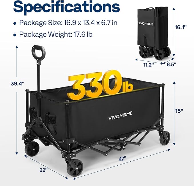 VIVOHOME Collapsible Wagon Carts, 330lbs 220L Utility Heavy Duty Foldable Wagons with Universal Wheels, Cup Holders & Side Pocket, Adjustable Handle, for Camping, Garden, Sports, Picnic, Shopping