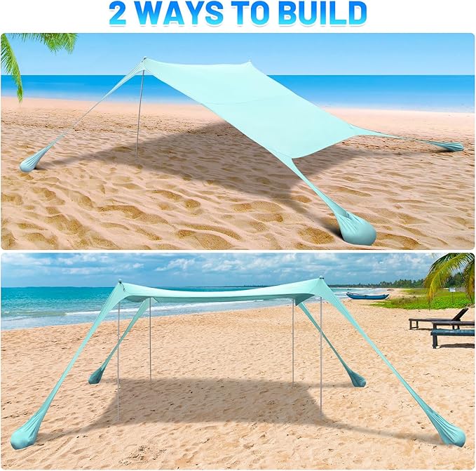 BOTINDO Family Beach Tent Canopy Sun Shade, Pop Up Grande Beach Tent Sun Shelter Stability 4 Poles with Portable Carry Bag Outdoor Shade for Fishing Backyard Camping (Mint Green, 10x10FT 4Pole)