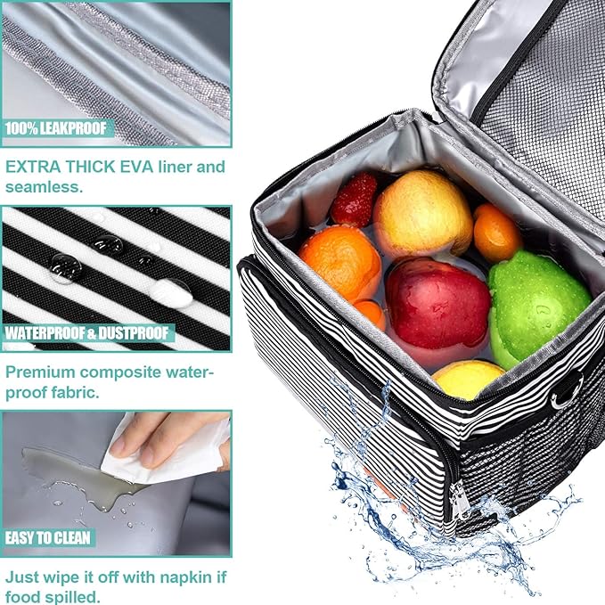 Tiblue Insulated Lunch Bag for Women/Men - Reusable Lunch Box for Office Work School Picnic,Leakproof Freezable Cooler Bag with Adjustable Shoulder Strap for Kid/Adult(Medium, Black & White Stripes)