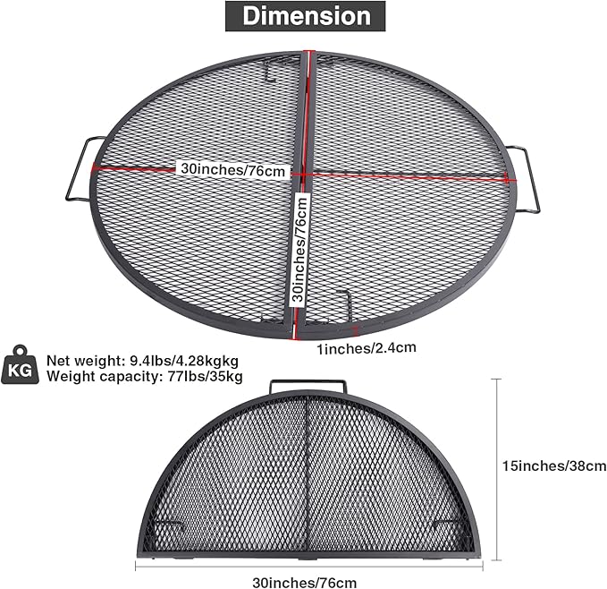 Lineslife X-Marks Fire Pit Cooking Grill Grates Portable, Heavy Duty Folding Round Campfire Grill Grate, Firepit Grill Grate with Handles for Outdoor BBQ Picnic, Black 30 Inch