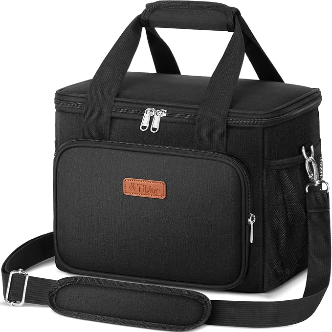 Tiblue Insulated Lunch Bag for Women/Men, Reusable Lunch Box for Office Work School Picnic Beach, Leakproof Freezable Cooler Bag with Adjustable Shoulder Strap for Kids/Adult(Large, Black)
