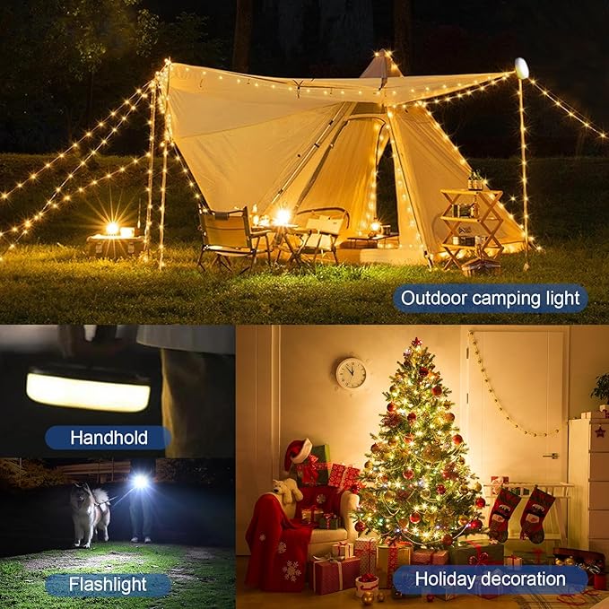 DGE Camping String Lights, 8 Lighting Modes 2-in-1 Outdoor String Lights with RGB and Warm White Light (32.8ft), Quick Storage, Waterproof, Type-C Charging for Camping, Holiday