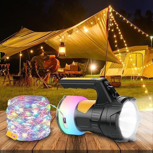 Camping Lantern with 48Ft Retractable String Lights, 4000mAh Rechargeable Spotlight with 4 Lighting Modes for Camping, Working, Home Emergency