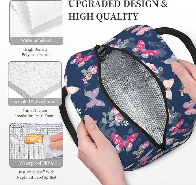 Lunch Bag Lunch Box for Women Men Boys Girls, Reusable Insulated Lunch Tote Bag, Leakproof Thermal Cooler Sack Food Handbags High Capacity for Work School Picnic Camping Gifts (Butterfly)