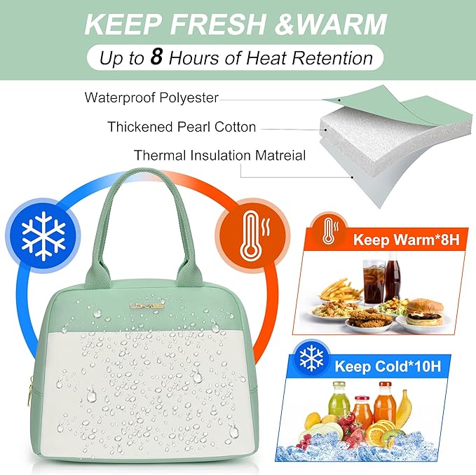 LOKASS Lunch Bag for Women-Insulated Adults Lunch Box with Front Pocket- Small Cute Lunch Tote for Work-Reusable Cooler Bag for Office Picnic Beach or Travel (Light Green)