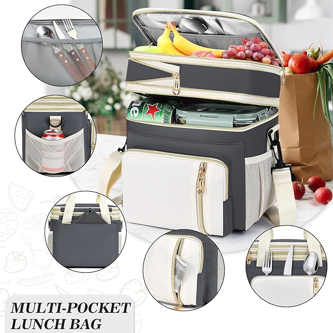 Lunch Box & Lunch Bag for Women Men, Large Insulated Adult Lunch Box Leakproof Lunchbox Cooler Bag for Work Picnic Beach,16L, Grey & White