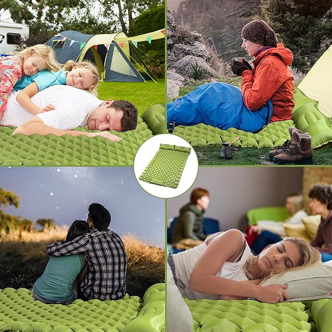 Double Camping Pads for Sleeping, Ultralight Floor Mattresses for Sleeping with Built-in Pillow Foot Pump, Mattress Foldable for Tent, Backpacking, Hiking, Car Traveling, Army Green
