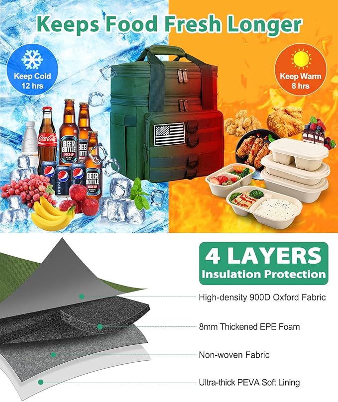 Tactical Lunch Box for Men, Large Insulated Bag Adult, Heavy Duty Double Deck Expandable Cooler Leakproof Waterproof Tote Work Office Camping Travel - Green, LB-KH0606