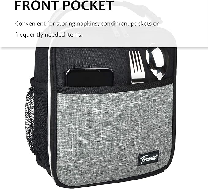 Tirrina Insulated Lunch Box for Men Women, Portable Thermal Small Lunch Bag for Office Work Picnic, Reusable Compact Lunchbox Cooler Tote for Adults,Black & Grey