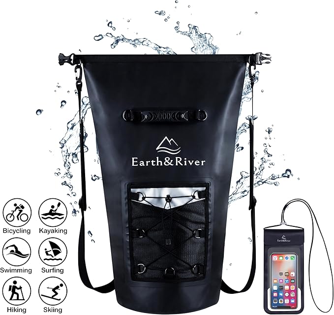 EARTH&RIVER Premium Dry Bag Backpack, Extra Thick, Protection for All Water Activities & Camping, Floating Lightweight Dry Bag with Inside Pocket Storage & IPX8 Waterproof Phone Case (Black, 40L)