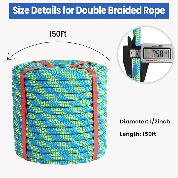 1/2inch Arborist Rope Tree Climbing Rope 48 Strand（150ft） Polyester Bull Rope for Swing Pulling Outdoor Marine