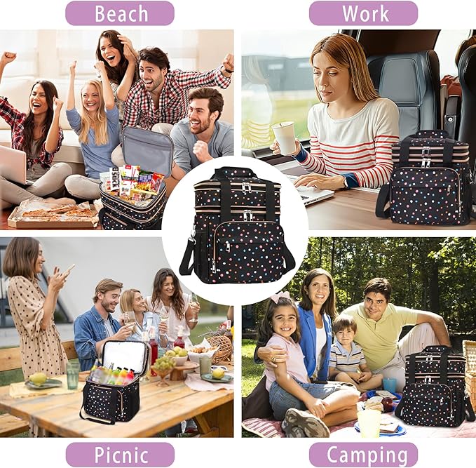GLENKEY Expandable Lightweight Insulated Lunch Box for Women, Double Deck Large Lunch Bag Leakproof Soft Cooler Bags for Adults Work Office Flight Beach Travel, Polka Dots, 16L