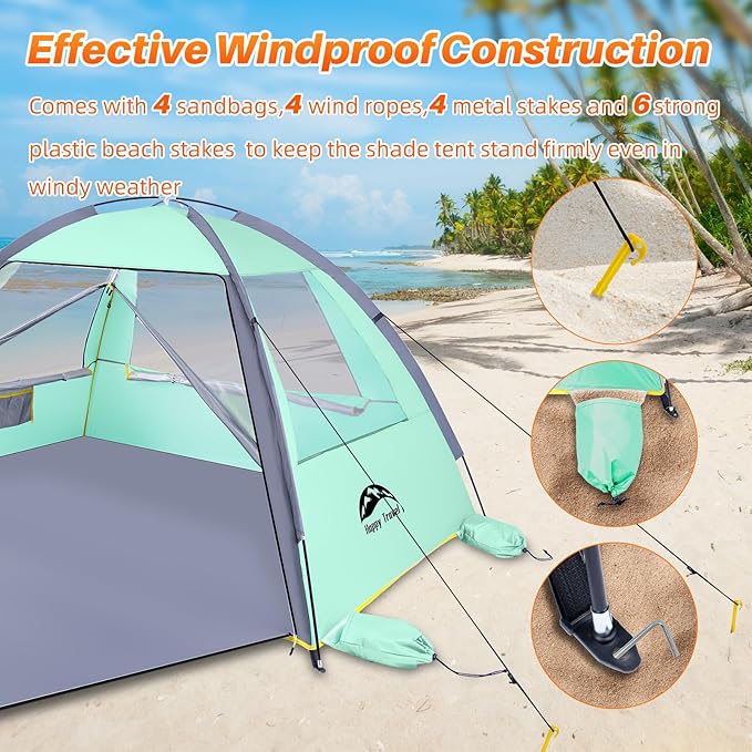 Happy Travel Beach Tent, UPF 50+ UV Protection Sun Shade Shelter for 3/4/5/6/7/8 Person, Portable Beach Canopy for Family & Baby, Lightweight & Easy Setup Beach Cabana with 3 Ventilation Mesh Windows