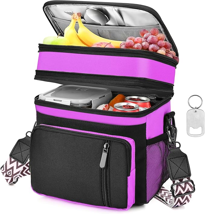 LOKASS Lunch Box for Women/Men-16L-Insulated Lunch Bag, Expandable Double-layer Leakproof Cooler Bag with Upgrade Adjustable Shoulder Strap Ideal for Work/Travel/Picnics（Hot Pink）