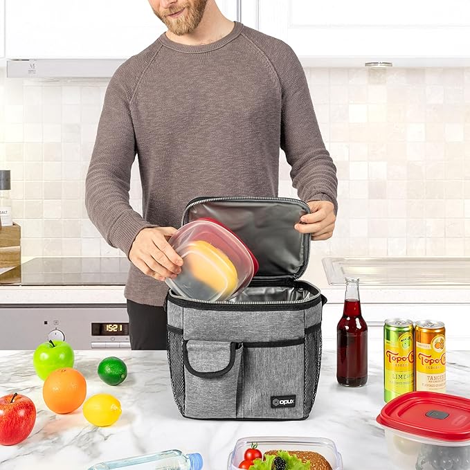 opux Insulated Lunch Bag for Men Women, Leakproof Heather Gray Lunch Box for Work, Portable Soft Lunch Cooler Bag with Shoulder Strap, Adult Lunchbox Lunch Pail for Kid Boy Girl School, 18 Can/10L