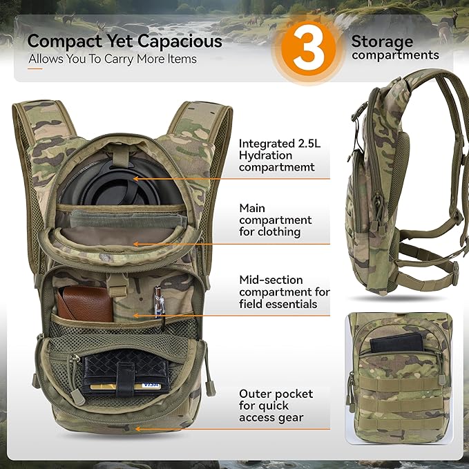 MARCHWAY Tactical Molle Hydration Pack with 2.5L TPU Water Bladder, Compact Yet Spacious Military Backpack for Hiking, Cycling, Backpacking, Hunting, Running