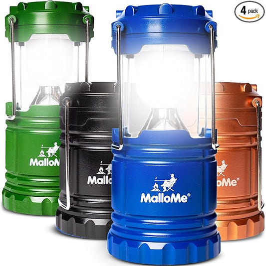 MalloMe Camping Lantern Multicolor 4 Pack Lanterns for Power Outages, Camping Lights for Tent Hanging, Camp Light Tent Lamp Emergency Battery Powered LED Lantern (Rechargeable Batteries Not Included)