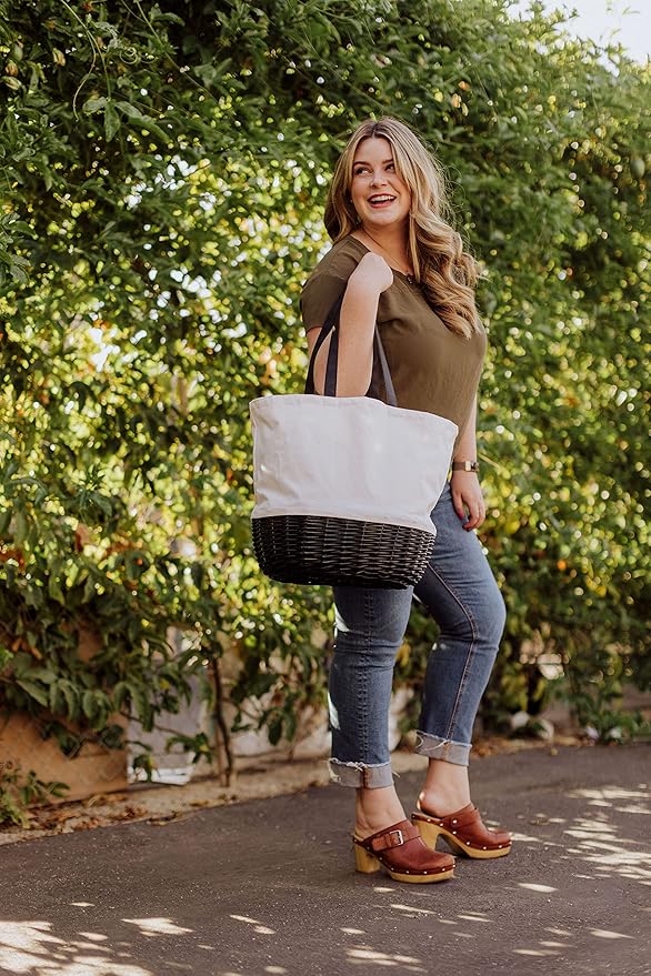 PICNIC TIME Coronado Canvas and Willow Basket Tote, Picnic Tote Bag, Beach Tote