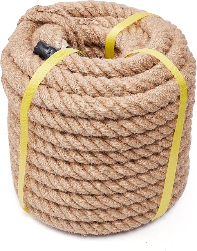 Jute Rope Heavy Duty 2 Inch 50 Feet, Natural Hemp Rope, Twisted Hemp Rope for Crafts, Gardening, Bundling, Climbing, Hammock, Nautical rope, Tug of War rope, Railings, Home Decorating (2 Inch×50 Feet)