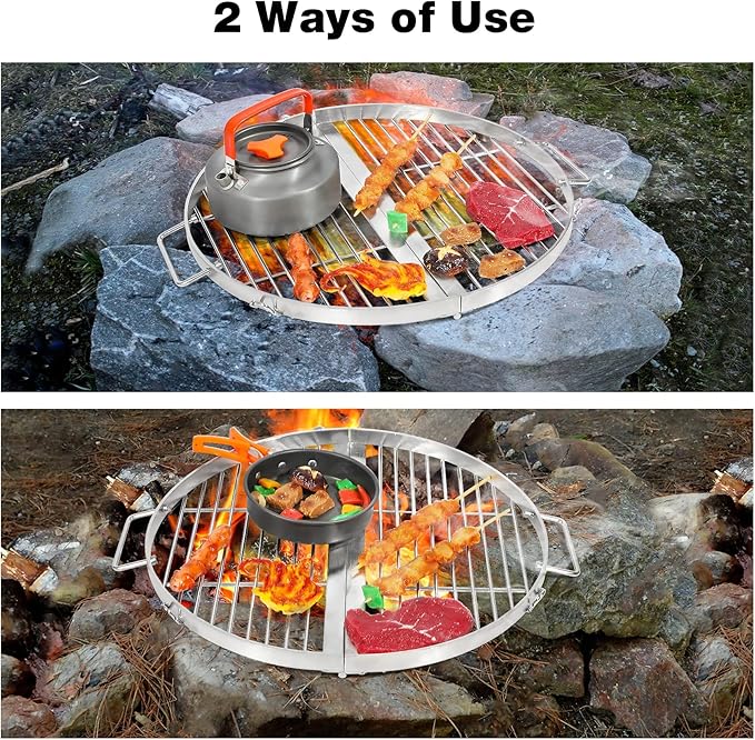 REDCAMP Foldable Fire Pit Cooking Grill Grate 30 Inch, Campfire BBQ Grill with Portable Handle & Support Wire, Heavy Duty Stainless Steel Round Campfire BBQ Grill for Outdoor Picnic Party & Gathering