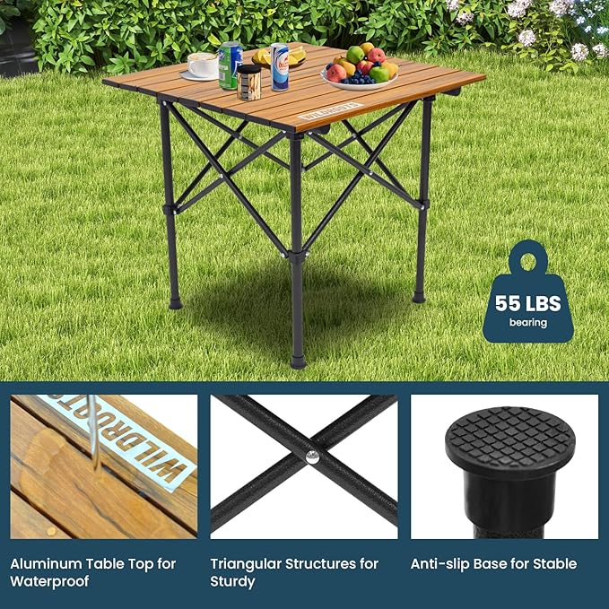WILDROOTS Folding Camping Wood Grain Brown Table with Carry Bag, Lightweight Aluminum Table for Outdoor, Camping, Picnic, Cooking, Backyards, BBQ (M)