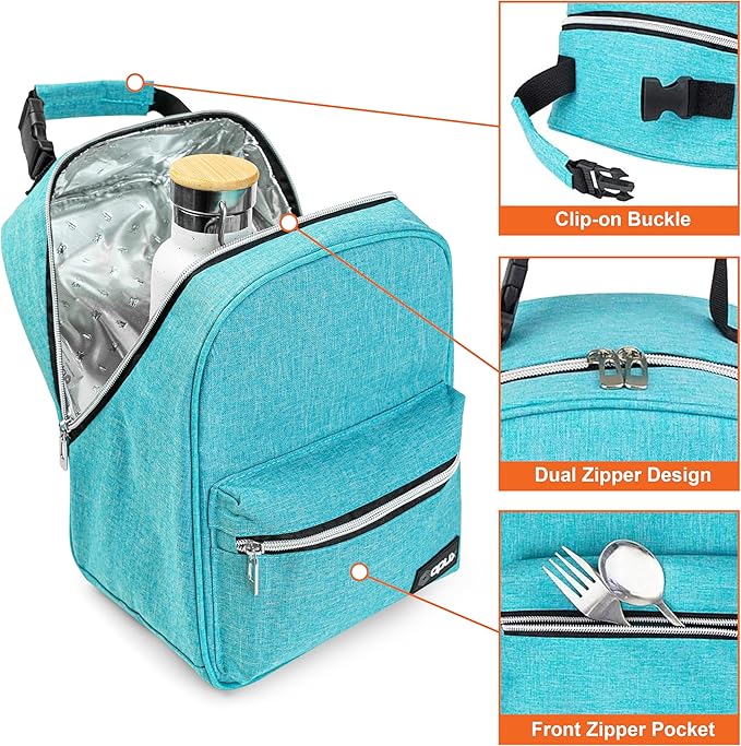 opux Lunch Box for Girls Boys Kids, Insulated Leakproof Lunch Bag, Reusable Teen Lunch Boxes for School, Medium Large lunchbox for Women Men Adult for Work with Front Back Pocket (Teal Blue)