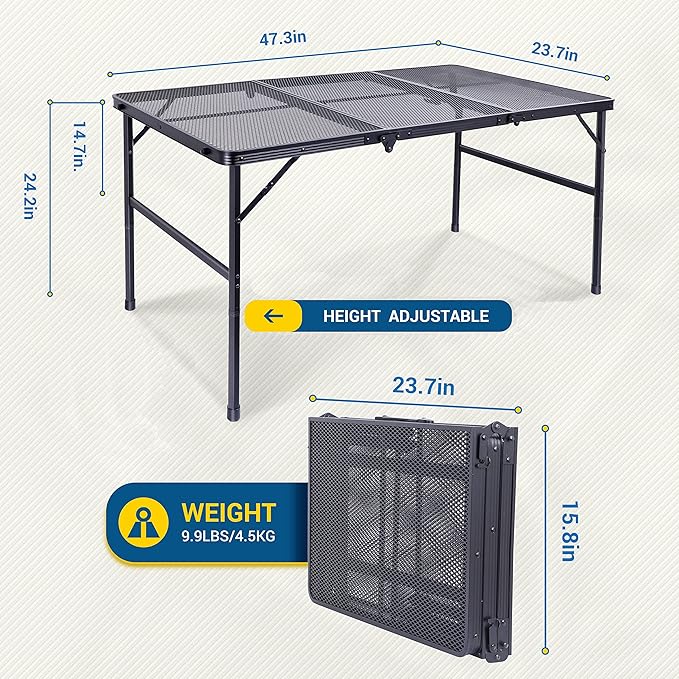 C Table for Grill, Outdoor Cooking & Picnic - Adjustable Height, Mesh Bag, Carry Handle (47.3' x 23.7' x 14.7'/24.2' Black)