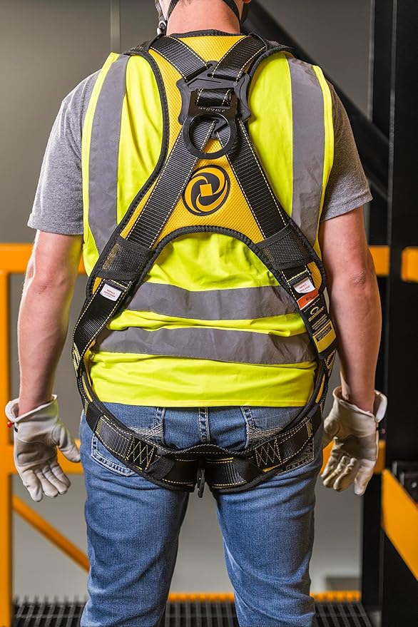 Guardian 21046 Cyclone Construction Harness with Comfort Shoulder Padding |Quick Connect Leg|OSHA & ANSI Compliant | Black/Yellow | M-L
