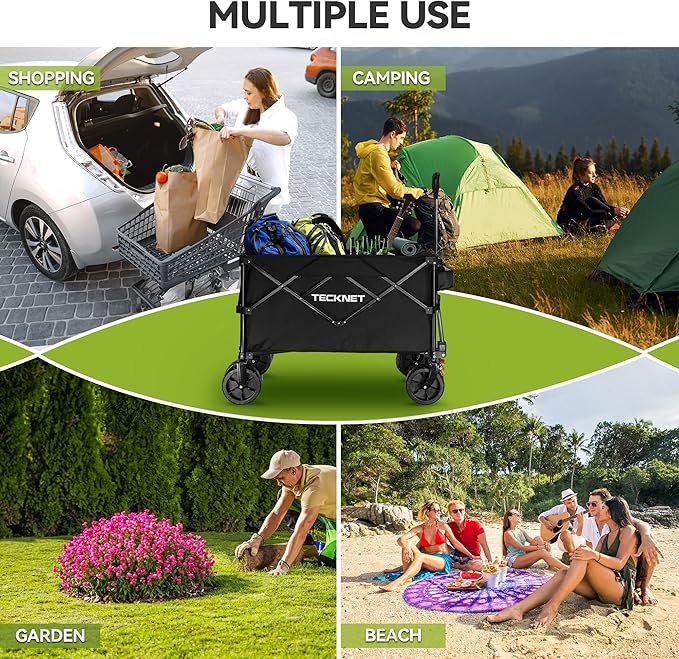 TECKNET Collapsible Foldable Wagon Cart, 150kg/330Lbs Weight Heavy Duty Folding Wagon with All-Terrain Big Wheels, Utility Wagon with Side Pocket for Grocery, Shopping, Sports, Garden, Camping