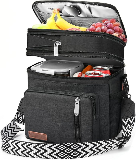 LOKASS Lunch Box for Men/Women-16L-Insulated Lunch Bag, Expandable Double-layer Leakproof Cooler Bag with Upgrade Adjustable Shoulder Strap Ideal for Work/Travel/Picnics（Black）