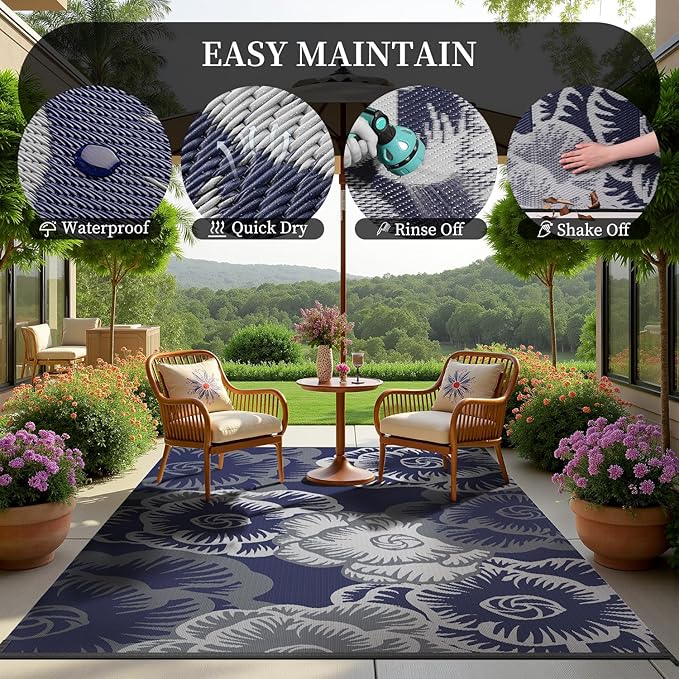 MontVoo Outdoor Rug-Waterproof Patio Rug Mat 6x9 Outdoor Carpet Mat Reversible Plastic Straw Outside Outdoor Rug for RV Camping Picnic Beach Balcony Backyard Pool Deck Farmhouse Floral Navy Blue